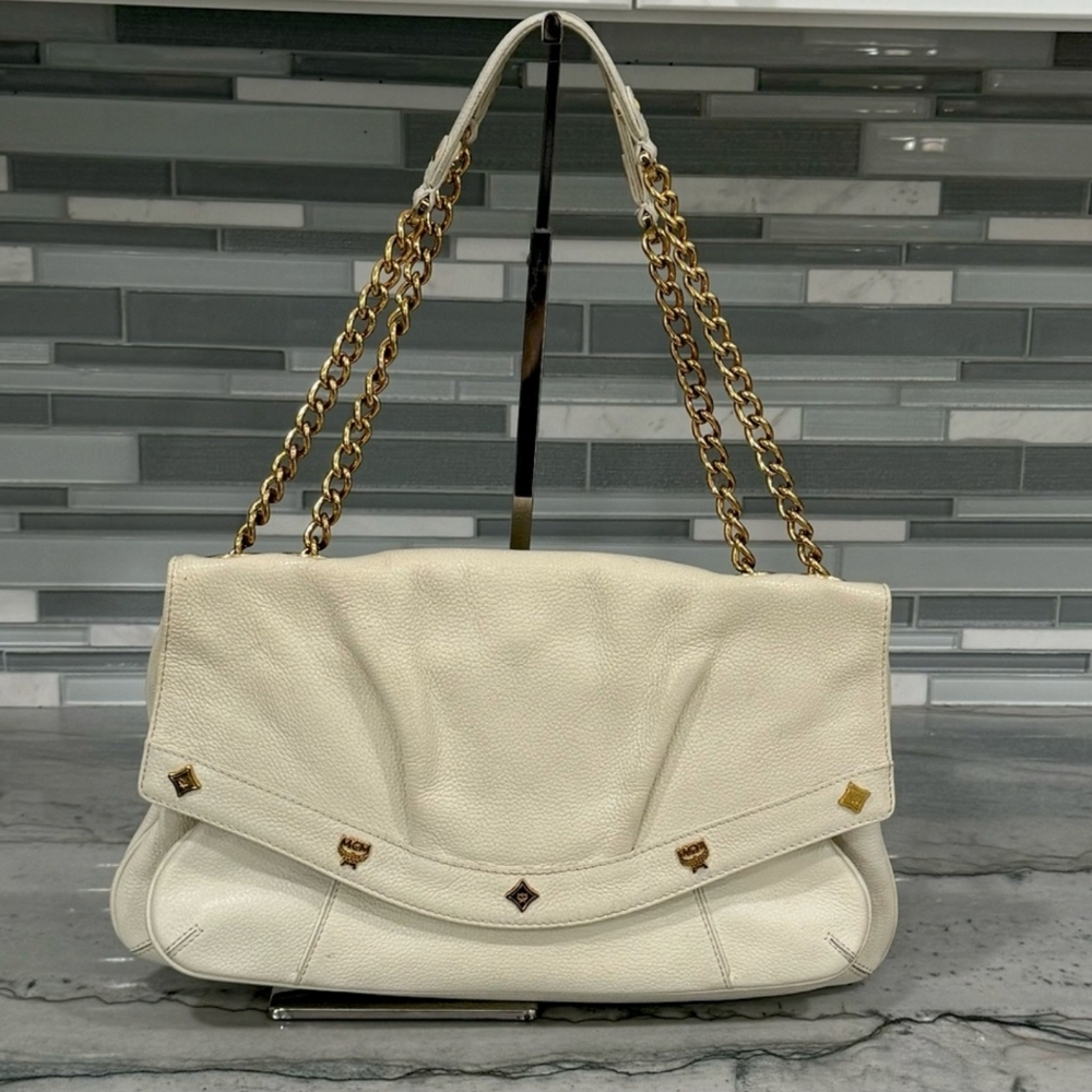 Elegant MCM Leather Shoulder Bag with gold chain